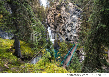 Johnston Canyon waterfall with hike trail in 59778195