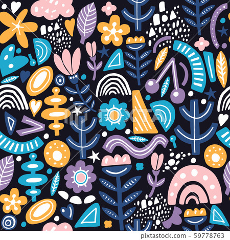 Collage style seamless pattern with abstract and organic shapes in pastel color on dark. Modern and Collage style seamless pattern with abstract and organic shapes in pastel color on dark. Modern and 59778763