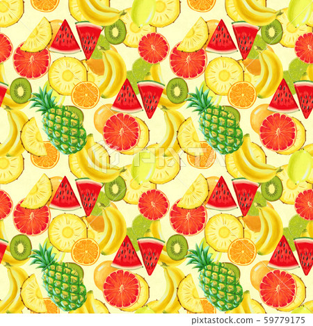 Hand drawn seamless pattern with bananas, coconuts, pineapples papaya and watermelon. 59779175
