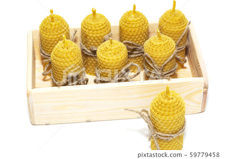 romantic candles made of natural wax, in a wooden 59779458