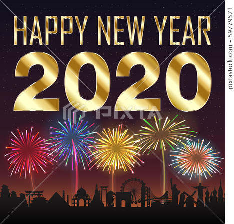 Happy new year 2020 with firework on city background Happy new year 2020 with firework on city background 59779571
