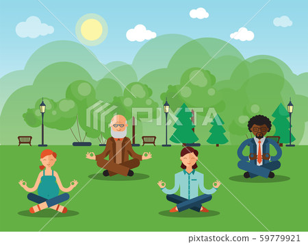 Group of people doing yoga lotus asana outdoor in summer park. Fitness and health lifestyle for all 59779921