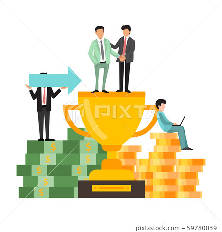 Businessman standing on big golden cup vector illustration. Gold award for business team 59780039