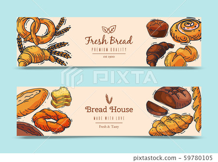 Fresh bread loaf banners vector illustration. Baking loaves, bagels and ciabatta. Fresh whole grain Fresh bread loaf banners vector illustration. Baking loaves, bagels and ciabatta. Fresh whole grain 59780105