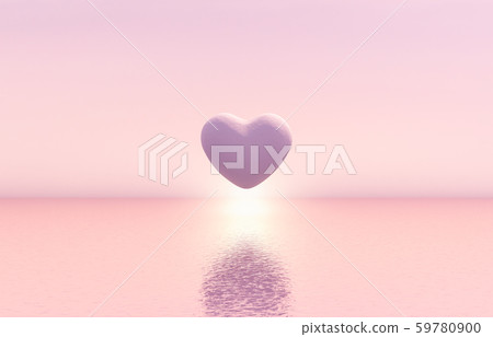 Romantic scene with geometric heart shape floating on the sea with sun light background. seascape background. 3d render. 59780900