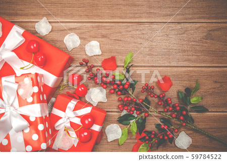 Beautiful Background. Gift box red and Accessories for Holiday Christmas background, Copy space for text. Beautiful Background. Gift box red and Accessories for Holiday Christmas background, Copy space for text. 59784522