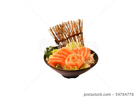 fresh slice salmon sashimi Japanese food serving on ice in bowl with white background 59784778