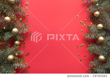 Christmas frame with fir branches, golden balls. 59785081