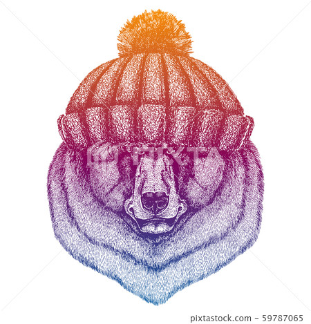 Ski, skier animal wearing woolen knitted hat. Christmas time. Cartoon character for little children Ski, skier animal wearing woolen knitted hat. Christmas time. Cartoon character for little children 59787065