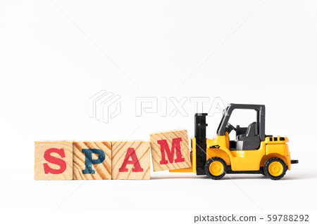 Toy forklift hold wood letter block m to complete word spam 59788292