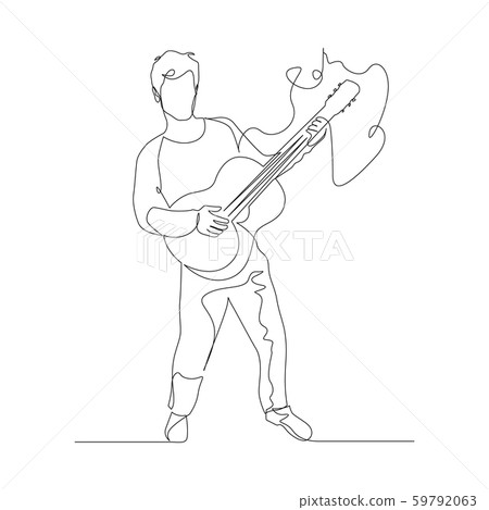 Continuous one line man plays the guitar and moves to the beat of the music. Vector illustration. 59792063