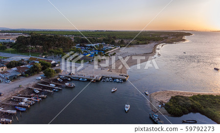 Aerial. Bay near the Vasco da Gama Lisbon Bridge, Samuoco. 59792273