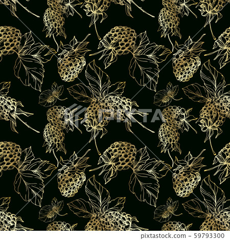 Blackberry healthy food. Black and white engraved ink art. Seamless background pattern. Fabric 59793300