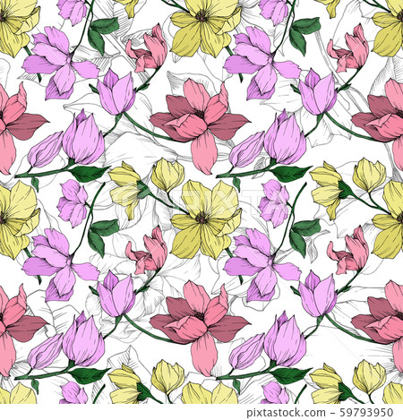 Vector Magnolia floral botanical flowers. Black and white engraved ink art. Seamless background 59793950