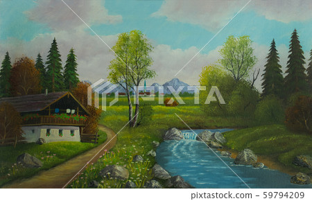 Landscape with house and river near a village Landscape with house and river near a village 59794209