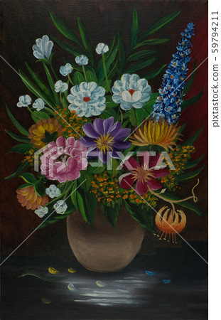 Bouquet in a vase against a red background Bouquet in a vase against a red background 59794211