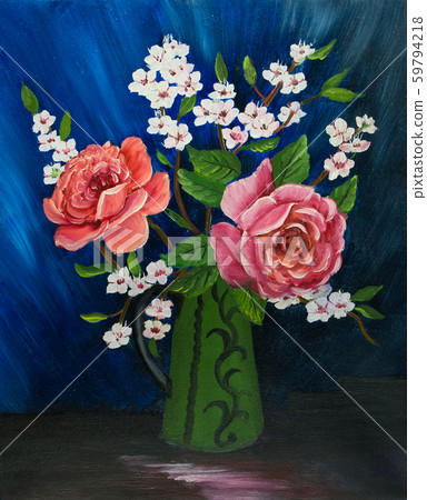 Various flowers in a green vase with handle Various flowers in a green vase with handle 59794218