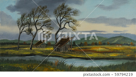 Pastureland with two small barns and a river Pastureland with two small barns and a river 59794219