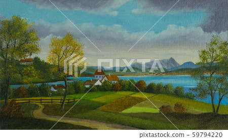 Landscape with meadows and a small village at the Landscape with meadows and a small village at the 59794220