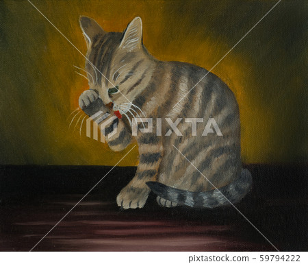 A cat cleans its paw with its tongue A cat cleans its paw with its tongue 59794222