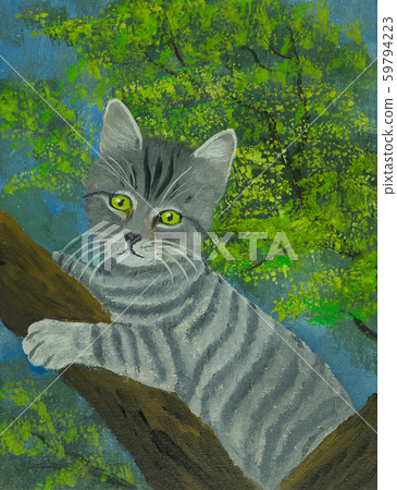 A grey striped cat climbs on a tree A grey striped cat climbs on a tree 59794223