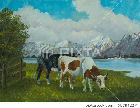 A black cow and a spotted cow in front of a lake A black cow and a spotted cow in front of a lake 59794227