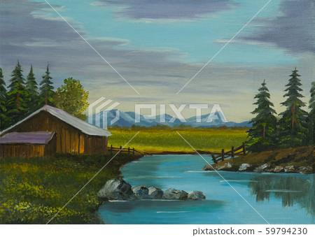 River next to a barn with mountains in the River next to a barn with mountains in the 59794230