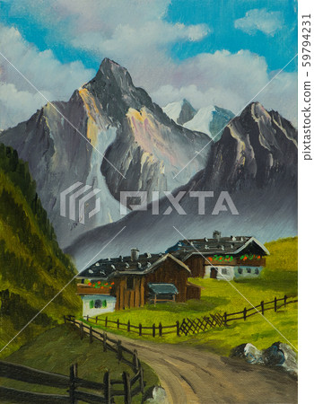 Green meadow with two alpine huts in the mountains Green meadow with two alpine huts in the mountains 59794231