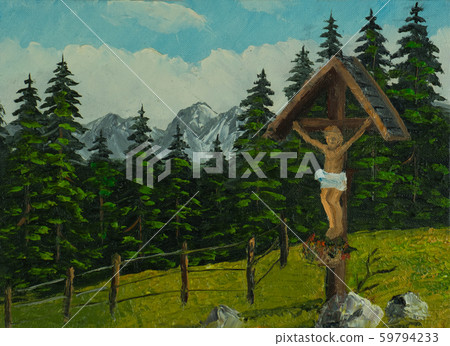 Jesus cross next to a hiking trail in the Jesus cross next to a hiking trail in the 59794233