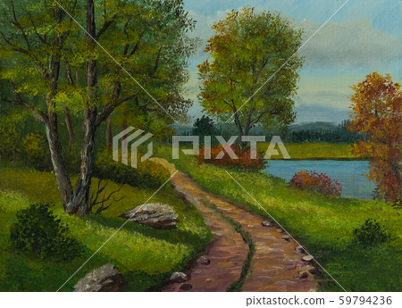 Gravel path at the edge of a forest next to a Gravel path at the edge of a forest next to a 59794236