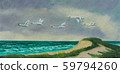 Four migratory birds fly on the coast above the 59794260