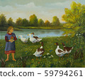 Girl watching ducks and geese at the lake 59794261