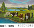 Several cows standing by the water to drink 59794262