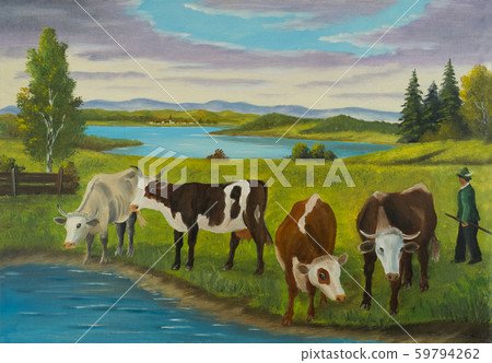 Several cows standing by the water to drink 59794262