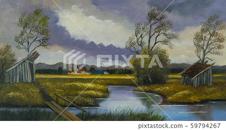 Landscape with a river and a wooden bridge Landscape with a river and a wooden bridge 59794267