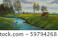 River landscape with barn and individual trees 59794268