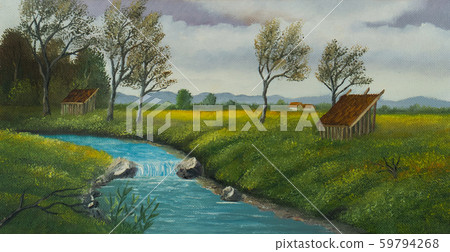 River landscape with barn and individual trees River landscape with barn and individual trees 59794268