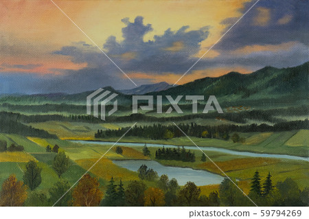 Landscape with river and lake at dusk Landscape with river and lake at dusk 59794269