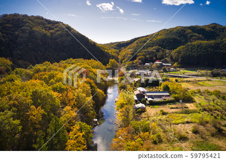 Musashi Arashiyama, Autumn leaves of Satoyama, Arashiyama, Saitama (Aerial view by drone) 59795421