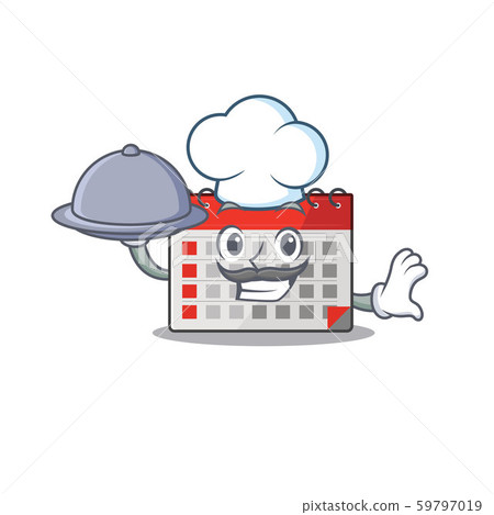 Calendar cartoon with in mascot shape chef holding food Calendar cartoon with in mascot shape chef holding food 59797019