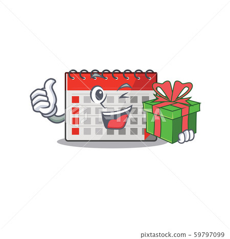 Calendar cartoon with in mascot shape holding gift Calendar cartoon with in mascot shape holding gift 59797099