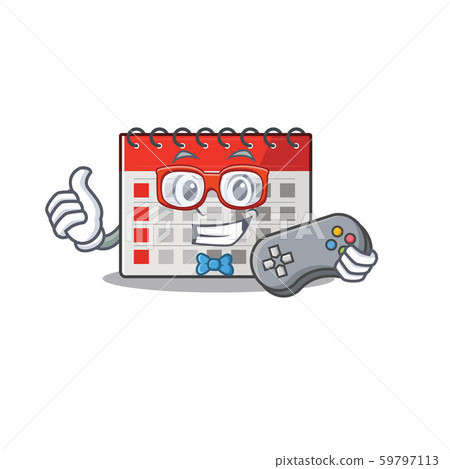Calendar cartoon with in mascot shape holding gamer Calendar cartoon with in mascot shape holding gamer 59797113