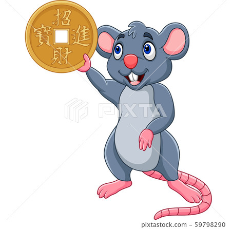 Happy Chinese New Year. Funny cartoon Rat as symbol of new year 2020 holding gold coin 59798290