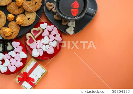 Breakfast for the beloved. Heart shaped cookies and sweets. Breakfast for the beloved. Heart shaped cookies and sweets. 59804133