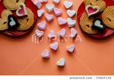 Breakfast for the beloved. Heart shaped cookies and sweets. Breakfast for the beloved. Heart shaped cookies and sweets. 59804136