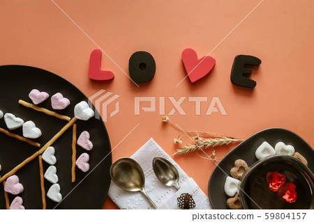 Holiday table setting and Cookies in Shape of Heart at Valentine Day 59804157