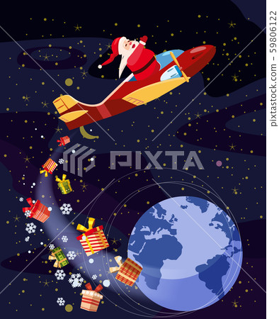 Santa Claus flying speed retro plane flies delivering gifts in space above the Earth. Illustration Santa Claus flying speed retro plane flies delivering gifts in space above the Earth. Illustration 59806122