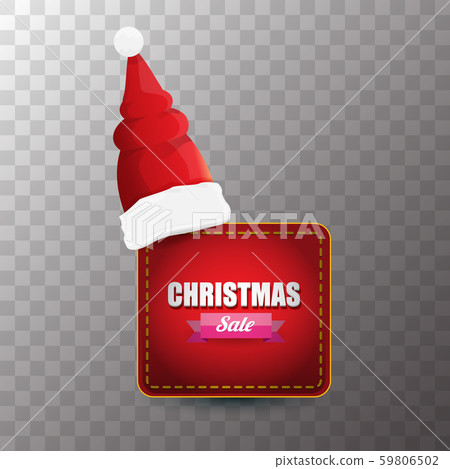 vector Christmas sales tag or label with red santa hat isolated on transparent background. Red 59806502