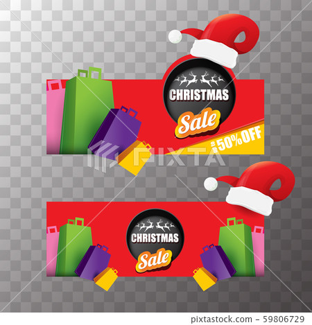 vector Christmas sales tag or label with red santa hat isolated on transparent background. Red 59806729