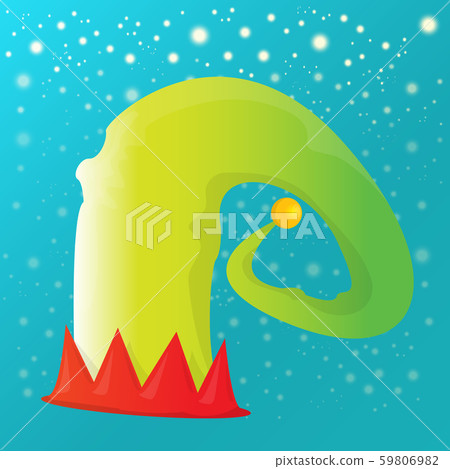 vector funky red and green stripped cartoon christmas elf hat on azure sky background with stars 59806982